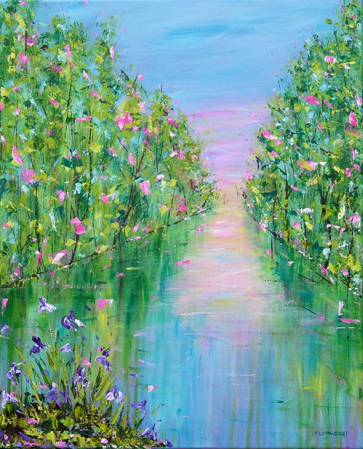 Original impressionist landscape painting featuring blossoming trees reflecting in a lake surrounded by irises