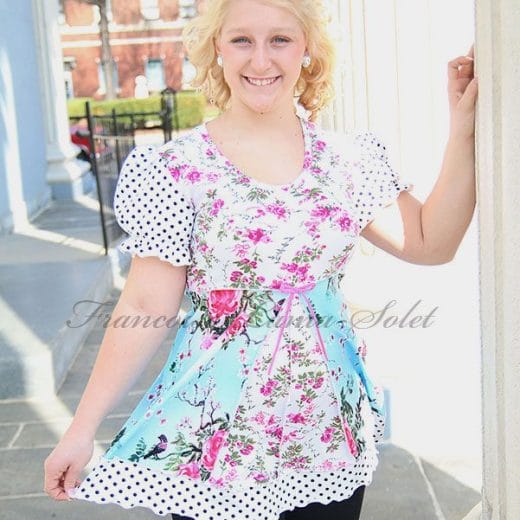 Romantic boho tunic handmade with floral and bird print cotton jerseys.