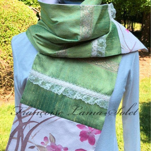 Women's lime green and pink patchwork silk scarf