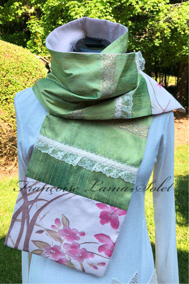 Women's lime green and pink patchwork silk scarf