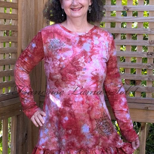 A-lined ruffled long sleeve tunic handmade with an ice dyed cotton jersey and hand printed with a lotus flower and mandala.
