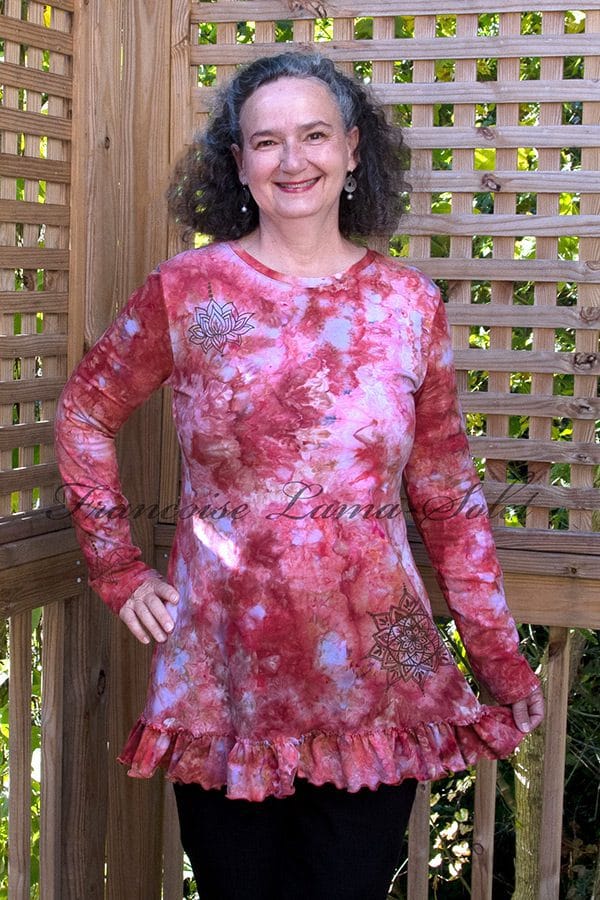 A-lined ruffled long sleeve tunic handmade with an ice dyed cotton jersey and hand printed with a lotus flower and mandala.