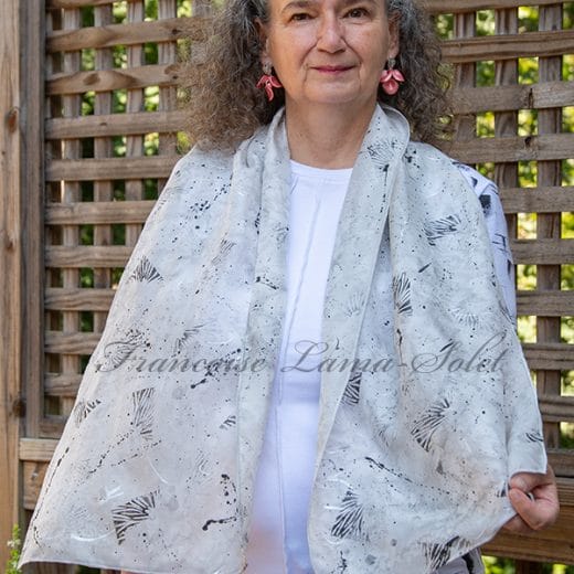 Hand painted and hand printed silver and black silk scarf
