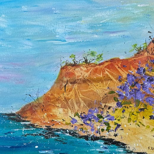 Original acrylic seascape painting featuring California cliffs and sea lavender