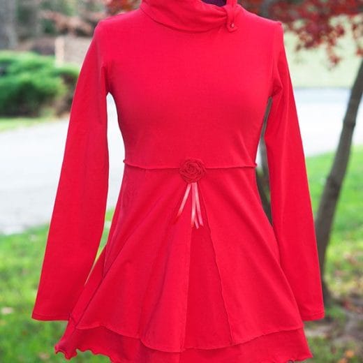 Women long sleeve tunic swing top with cowl neck handmade with a solid red cotton lycra jersey