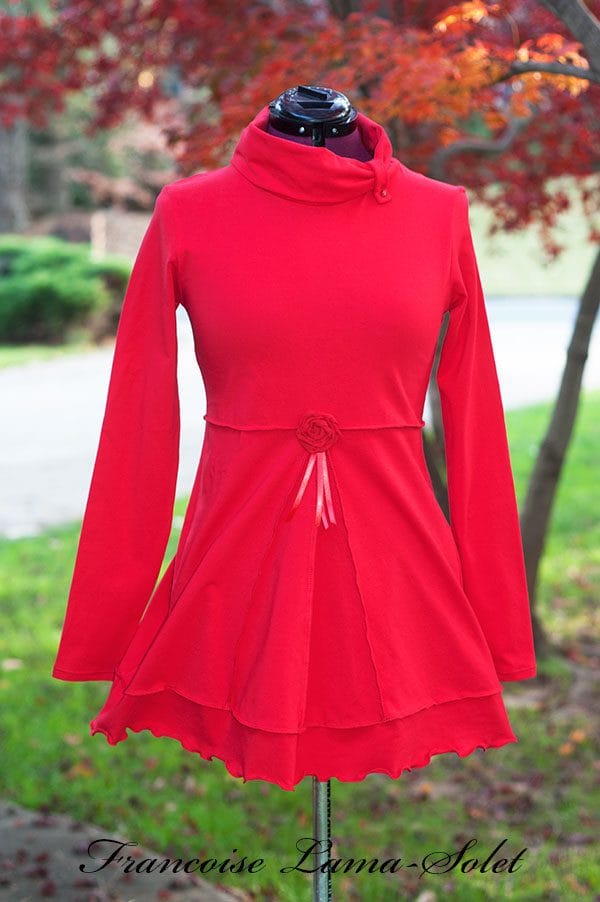 Women long sleeve tunic swing top with cowl neck handmade with a solid red cotton lycra jersey