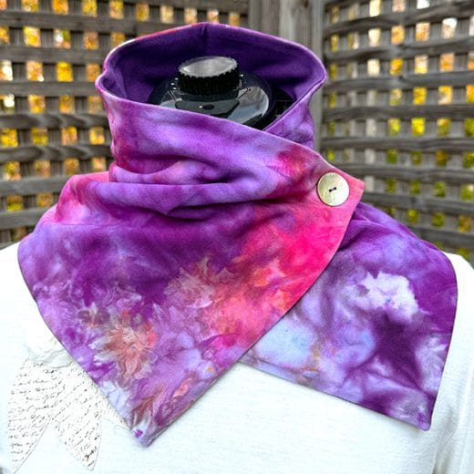 Women's purple and pink handmade and ice dyed button neck scarf
