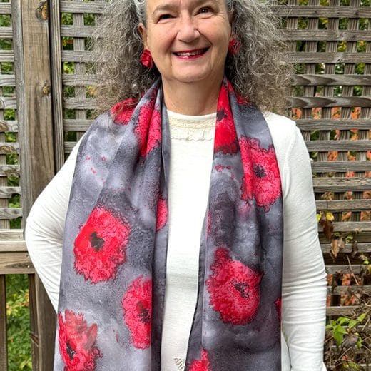 One of a kind red, grey and black silk scarf hand painted with red poppy flowers