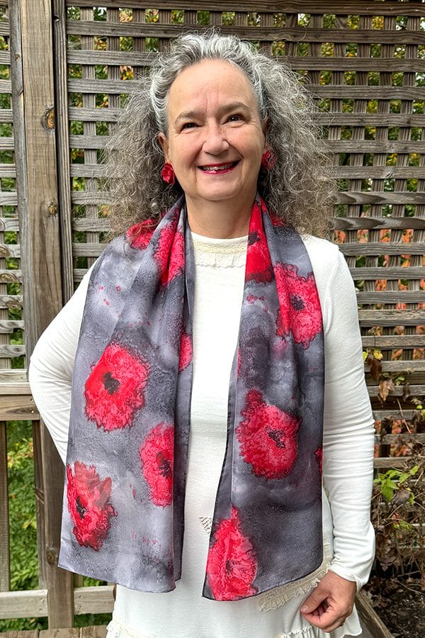One of a kind red, grey and black silk scarf hand painted with red poppy flowers