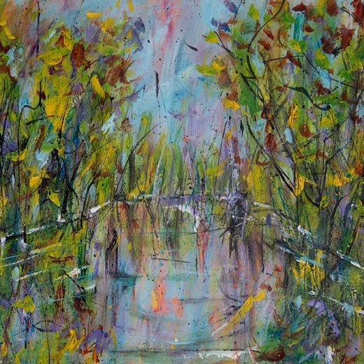 Contemporary impressionist landscape painting of trees's reflection in a lake