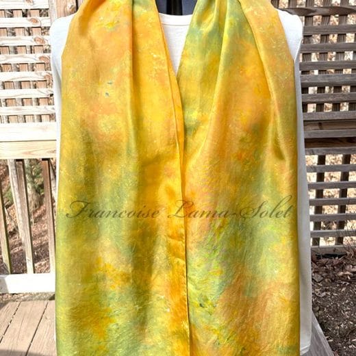 Women's marigold and green hand dyed silk scarf.