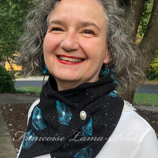 Women black neck scarf handmade and hand painted with blue poppy flowers.