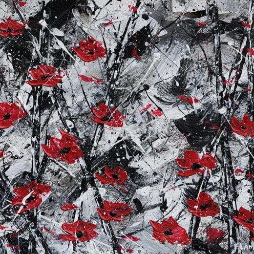 Black, white and red abstract floral painting with red poppy flowers