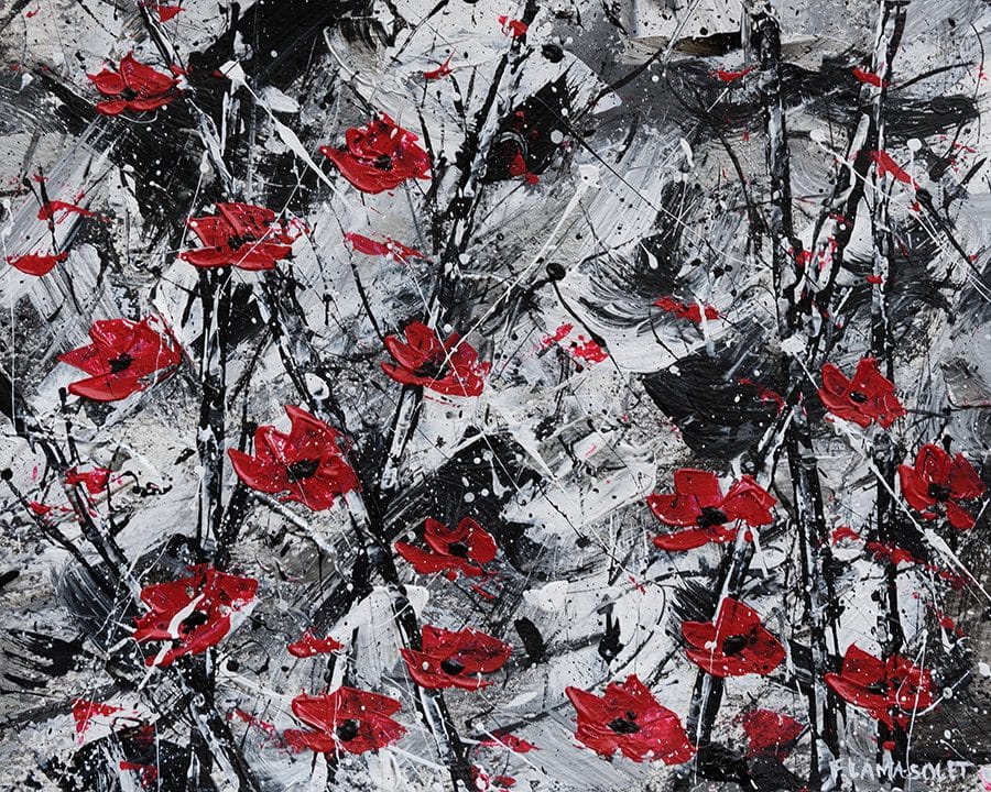 Black, white and red abstract floral painting with red poppy flowers