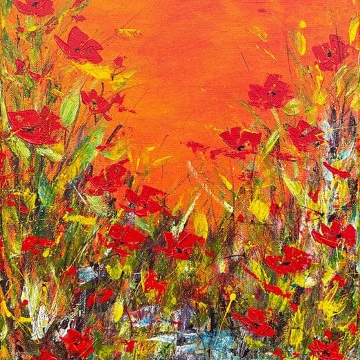 Colorful original landscape painting featuring a sunset over red poppy flowers by the creek