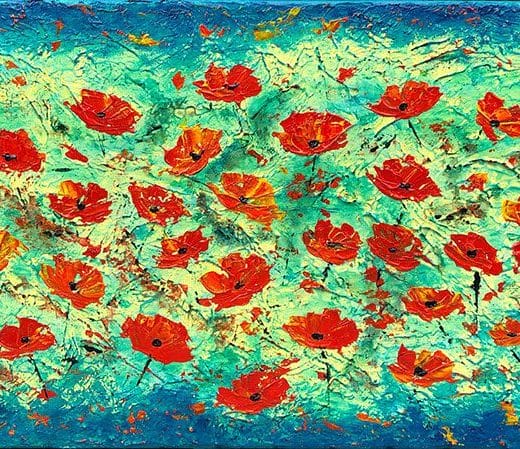 Abstract floral painting with textures featuring California poppies on a green and blue background