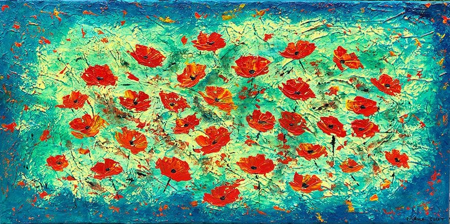 Abstract floral painting with textures featuring California poppies on a green and blue background