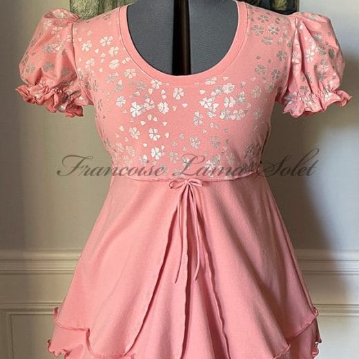 Women's romantic puff sleeve tunic hand made with a dusty pink cotton lycra jersey that was hand printed with silver and pearl cherry blossoms.