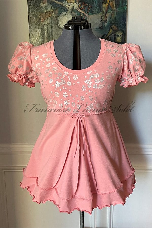 Women's romantic puff sleeve tunic hand made with a dusty pink cotton lycra jersey that was hand printed with silver and pearl cherry blossoms.
