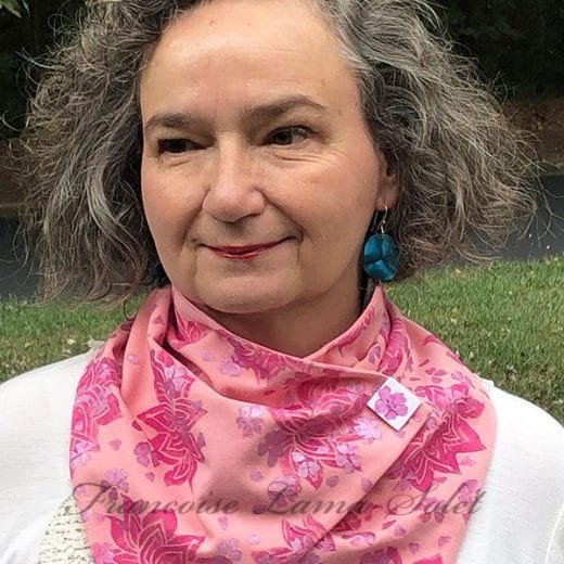 Wearable art pink neck scarf handmade and hand printed with lotus flowers.