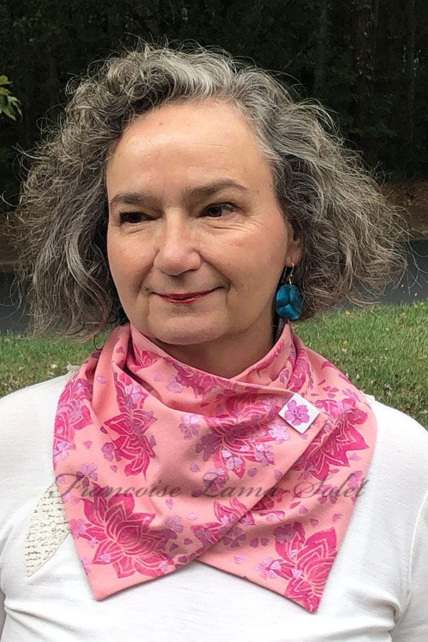 Wearable art pink neck scarf handmade and hand printed with lotus flowers.