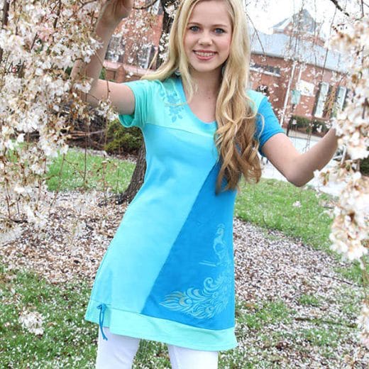 Unique women short sleeve a-line tunic handmade with a combination of solid cotton lycra jersey: turquoise, aqua and mint, and hand printed with a peacock.