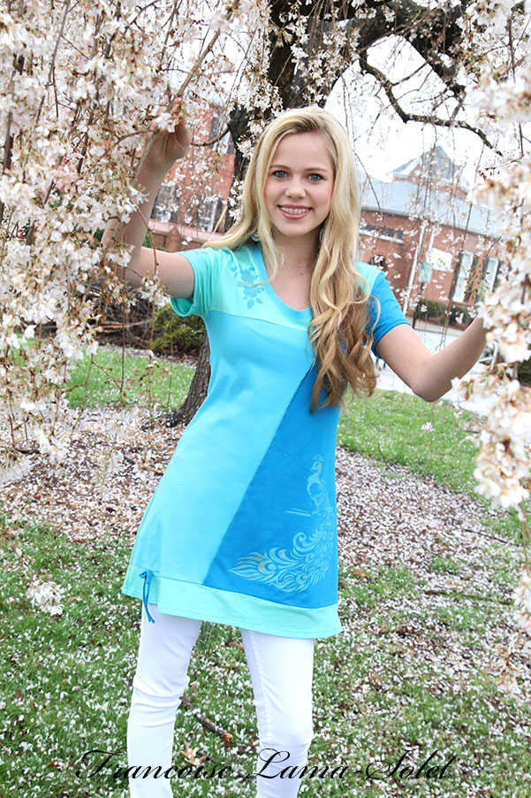 Unique women short sleeve a-line tunic handmade with a combination of solid cotton lycra jersey: turquoise, aqua and mint, and hand printed with a peacock.