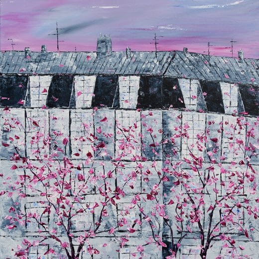 Original acrylic painting of a Parisian building in the spring with cherry blossom trees