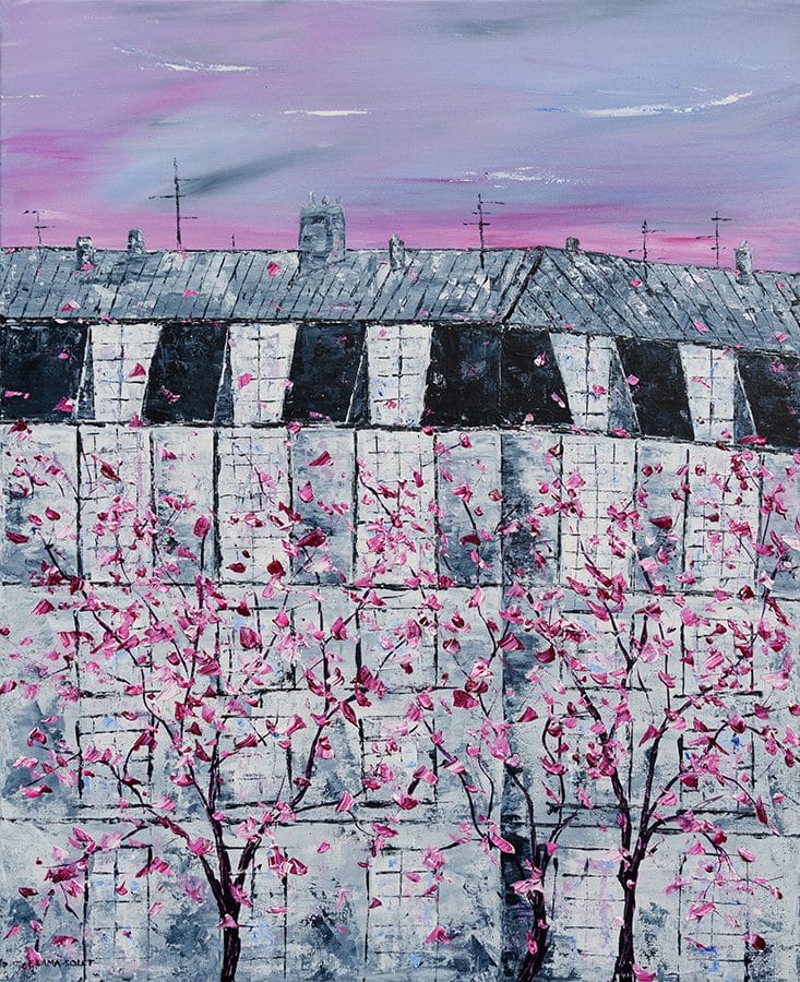 Original acrylic painting of a Parisian building in the spring with cherry blossom trees