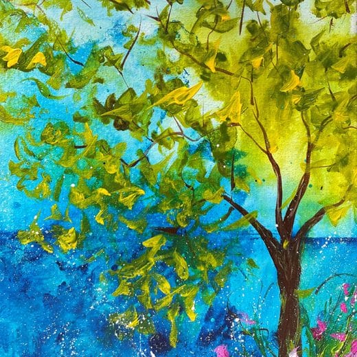 Colorful seascape painting feature an ocean view and a tree and flowers on a cliff