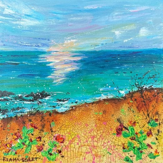Small mixed media seascape painting on wood panel 8" x 8"