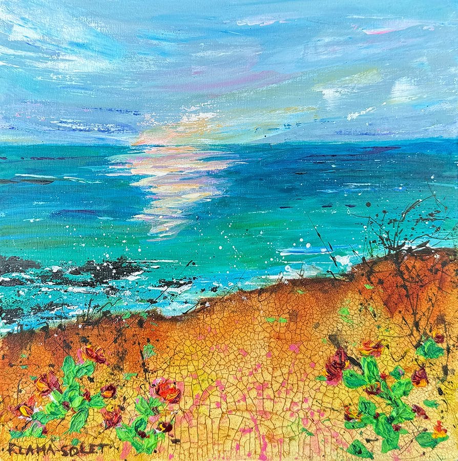 Small mixed media seascape painting on wood panel 8" x 8"
