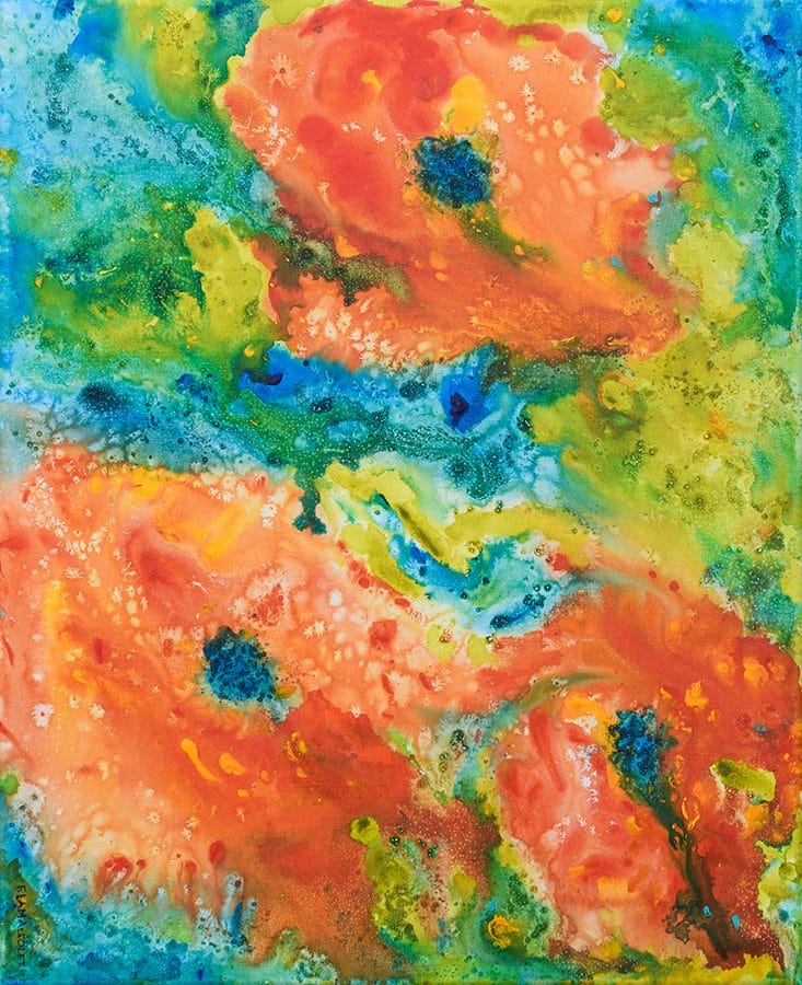 Vibrant abstract floral acrylic painting of California poppies