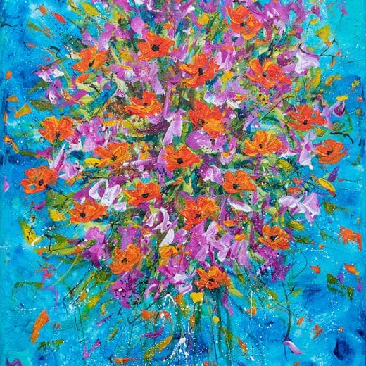 Original acrylic painting of a bouquet of bougainvillea and California poppies