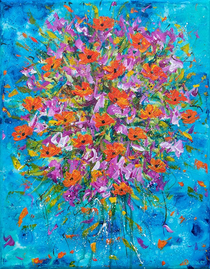 Original acrylic painting of a bouquet of bougainvillea and California poppies