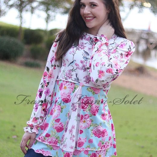 Women's romantic chic tunic swing top with long puff sleeves handmade with a combination of floral jerseys.