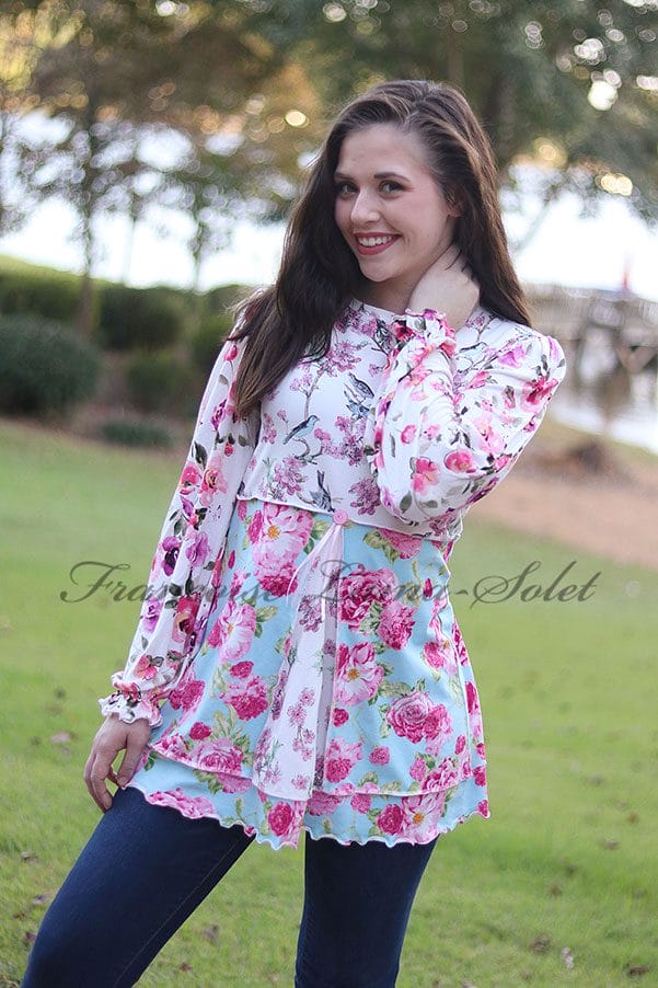 Women's romantic chic tunic swing top with long puff sleeves handmade with a combination of floral jerseys.
