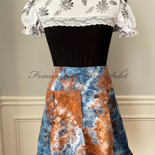 Wearable art brown and blue ruffle skirt handmade with hand dyed cotton jersey