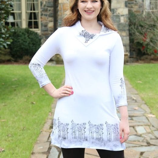 Women's tunic long sleeve tunic handmade with a white cotton lycra that was hand printed with flowers.