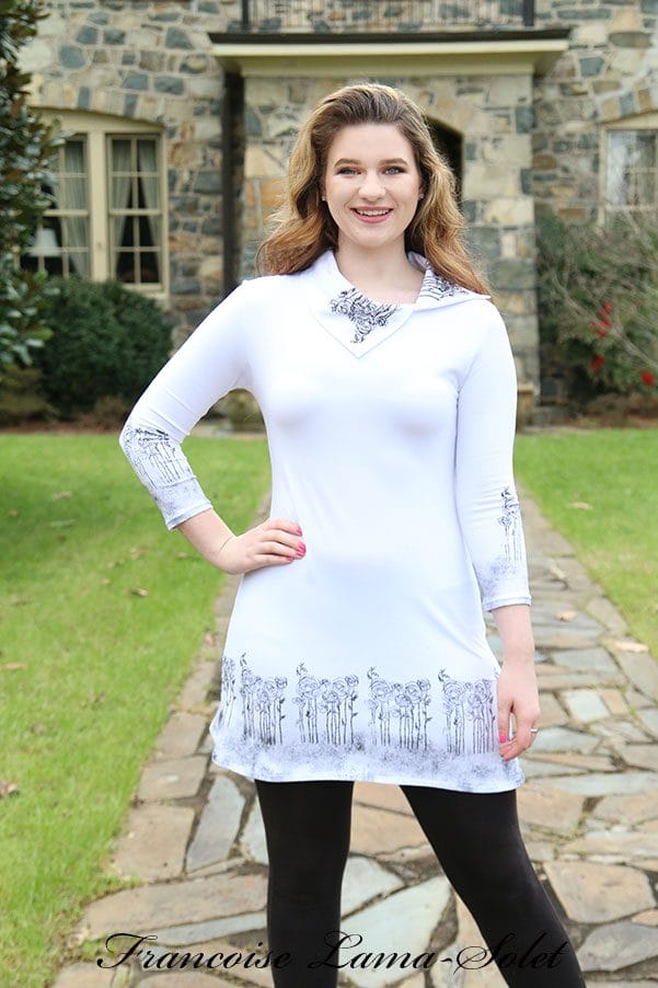 Women's tunic long sleeve tunic handmade with a white cotton lycra that was hand printed with flowers.