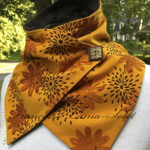 Women's mustard handmade and hand printed floral neck scarf