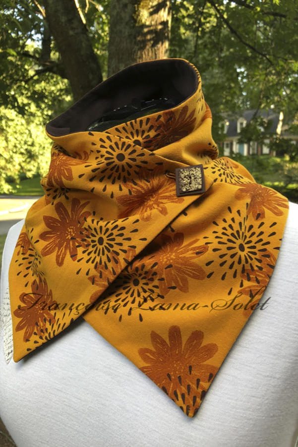 Women's mustard handmade and hand printed floral neck scarf