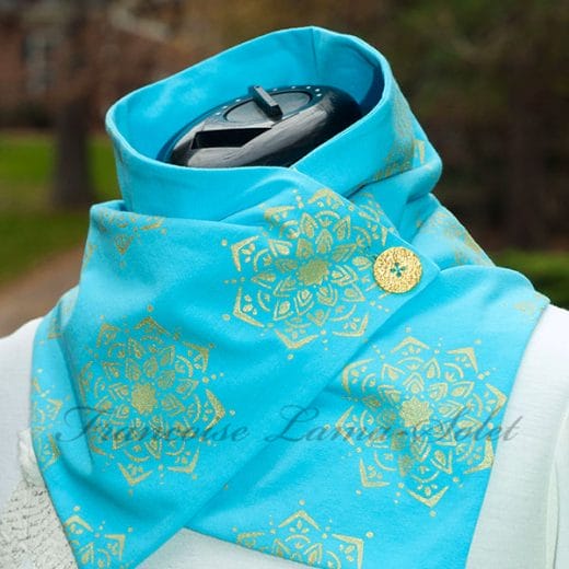 Gorgeous women turquoise and gold neck scarf hand printed with mandalas.