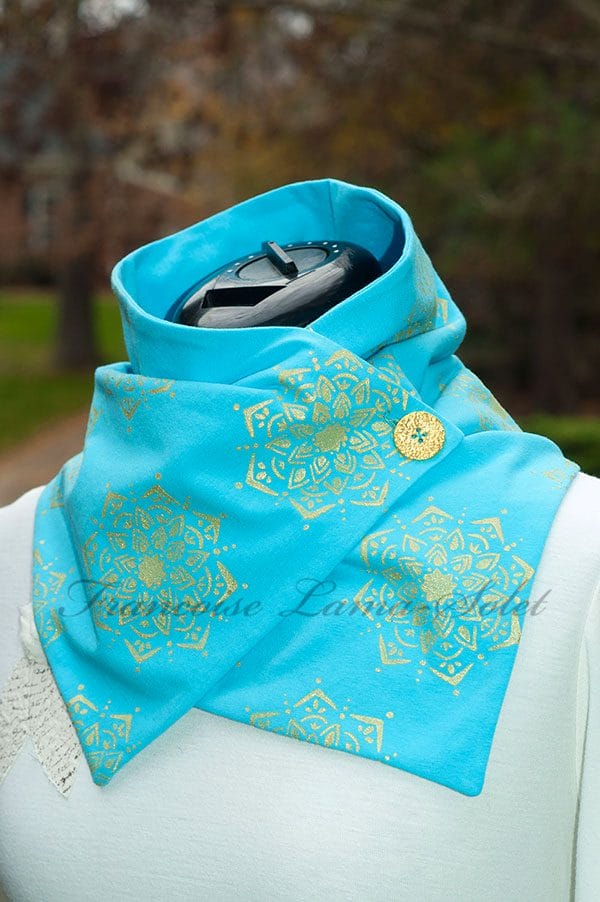 Gorgeous women turquoise and gold neck scarf hand printed with mandalas.