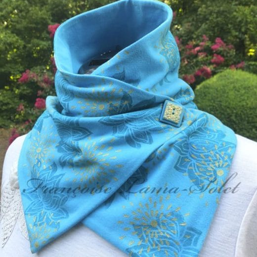Women's beautiful turquoise neck scarf handmade and hand printed with mandalas and lotus flowers.
