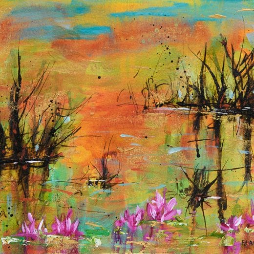 Vibrant original acrylic landscape painting of a sunset on the marshes with pink waterlilies