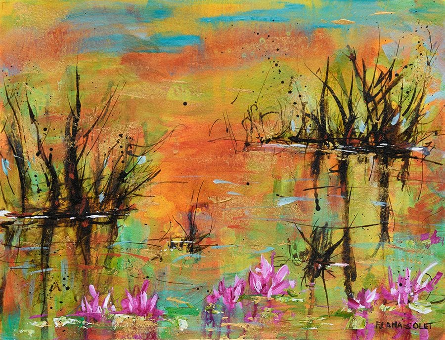 Vibrant original acrylic landscape painting of a sunset on the marshes with pink waterlilies