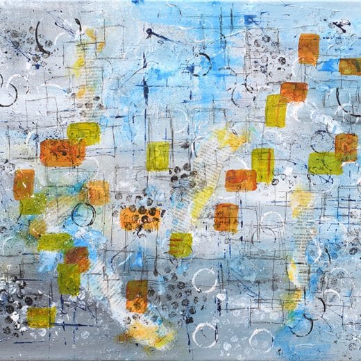 Blue and gray contemporary abstract mixed media painting with geometric shapes