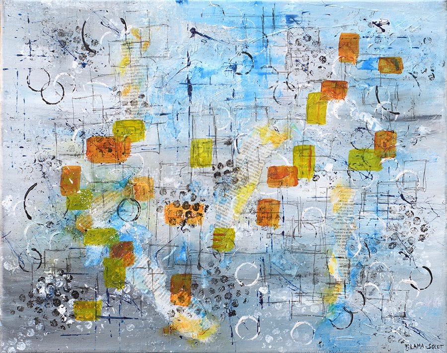 Blue and gray contemporary abstract mixed media painting with geometric shapes