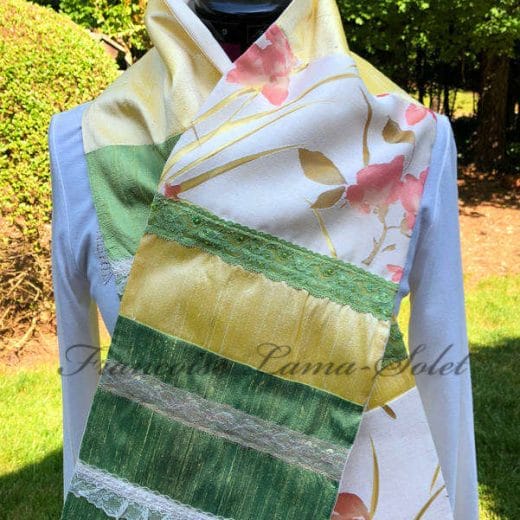 Women's silk scarf handmade with green and yellow silk and floral linen and lace.
